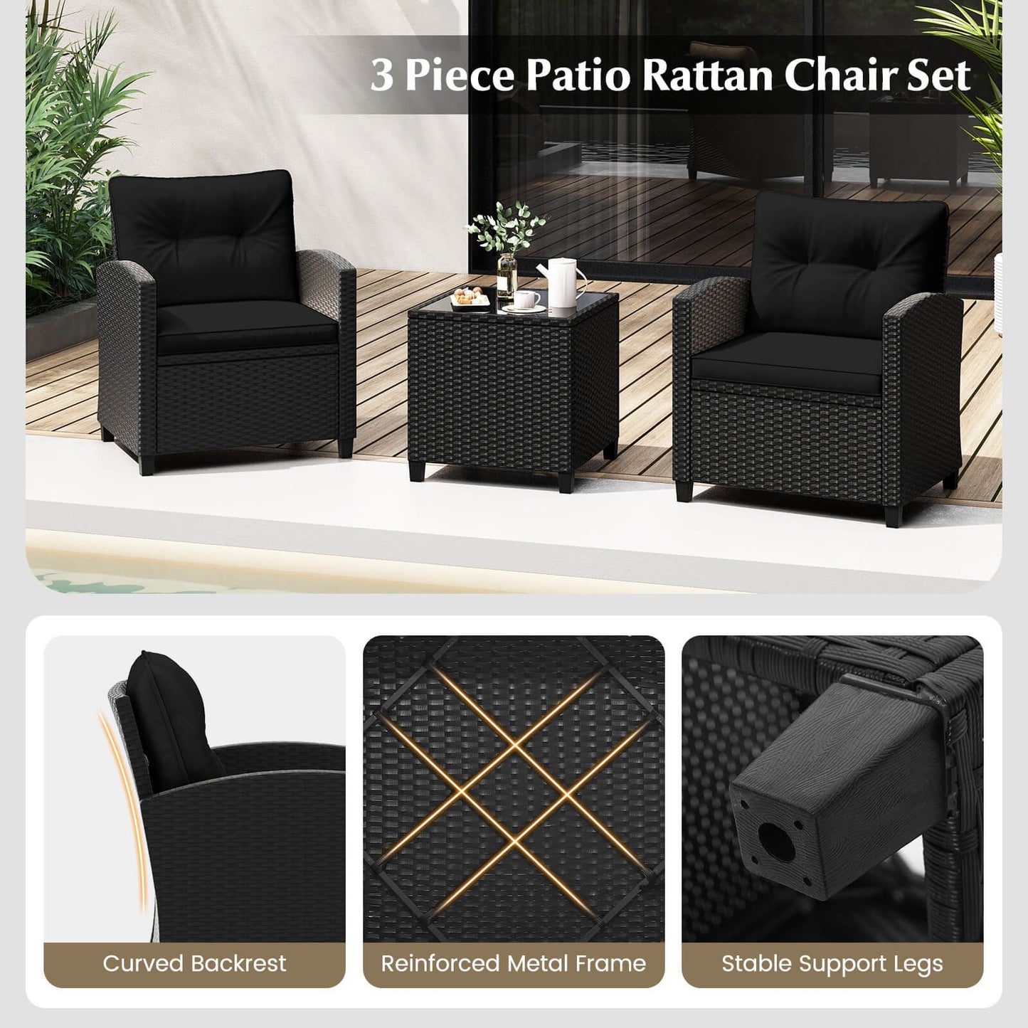 Stylish 3-Piece Rattan Patio Furniture Set with Comfortable Cushions for Ultimate Relaxation