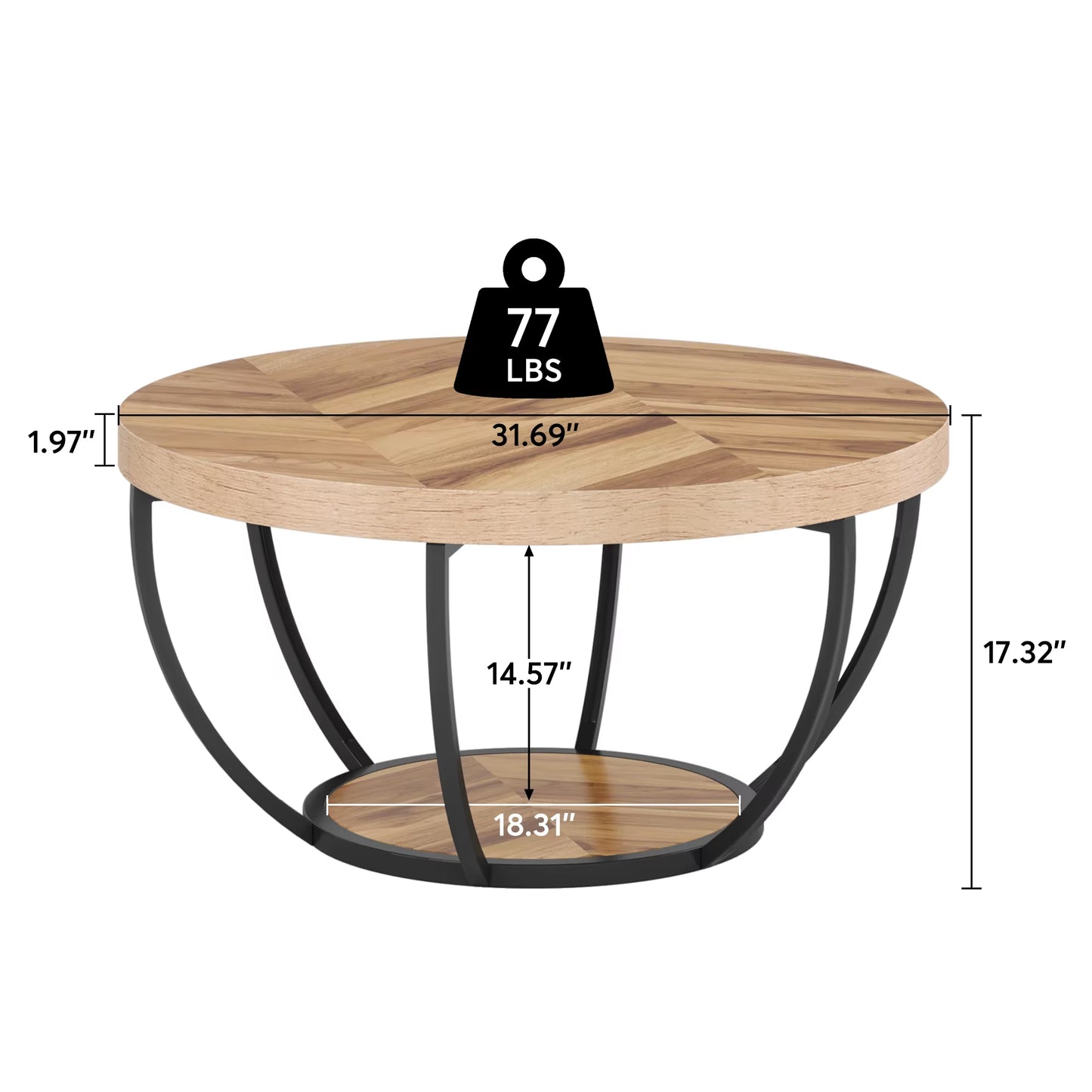 31.7" round Coffee Table, Industrial 2-Tier Circle Coffee Table with Storage Shelves, Modern Wooden Sofa Side Table