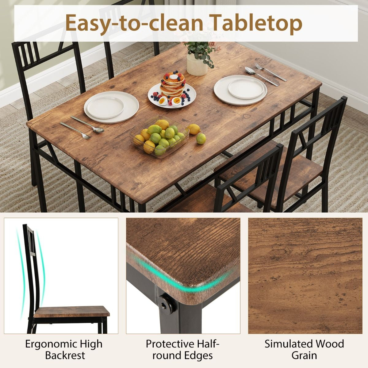 Stylish Industrial Kitchen Table Set with 4 Chairs - Wood-Look Top & Sturdy Metal Frame