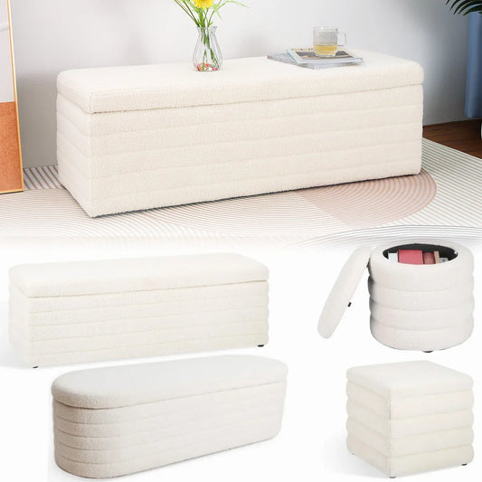 Chic Teddy Upholstered Ottoman Storage Bench - Stylish Boucle Footstool for Bedroom, Living Room & Entryway