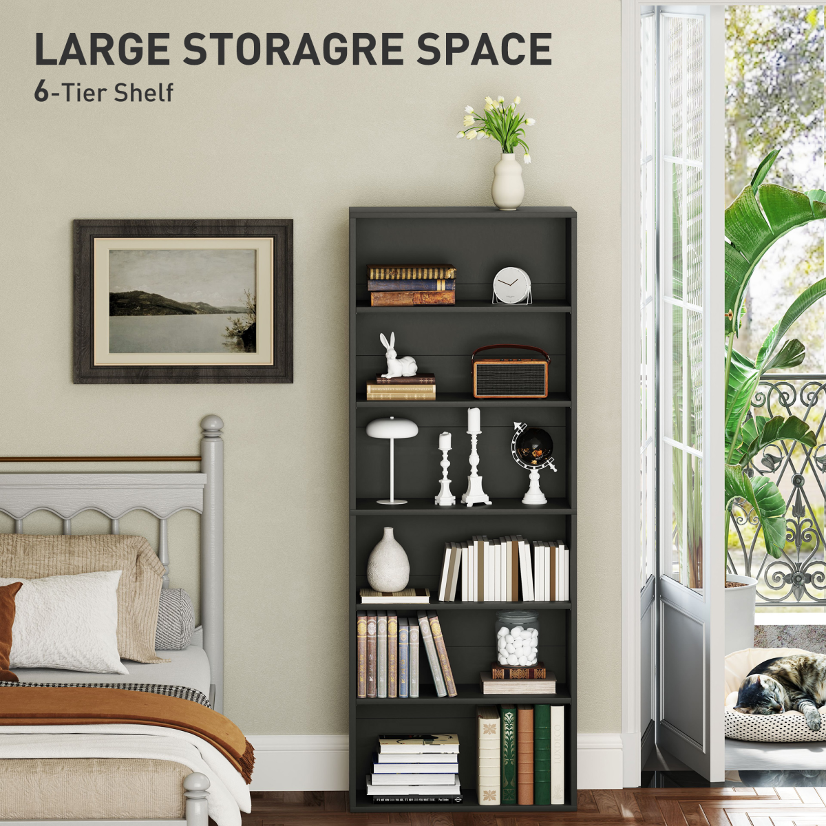 Modern 6-Tier Adjustable Bookshelf - Stylish Freestanding Bookcase, Black