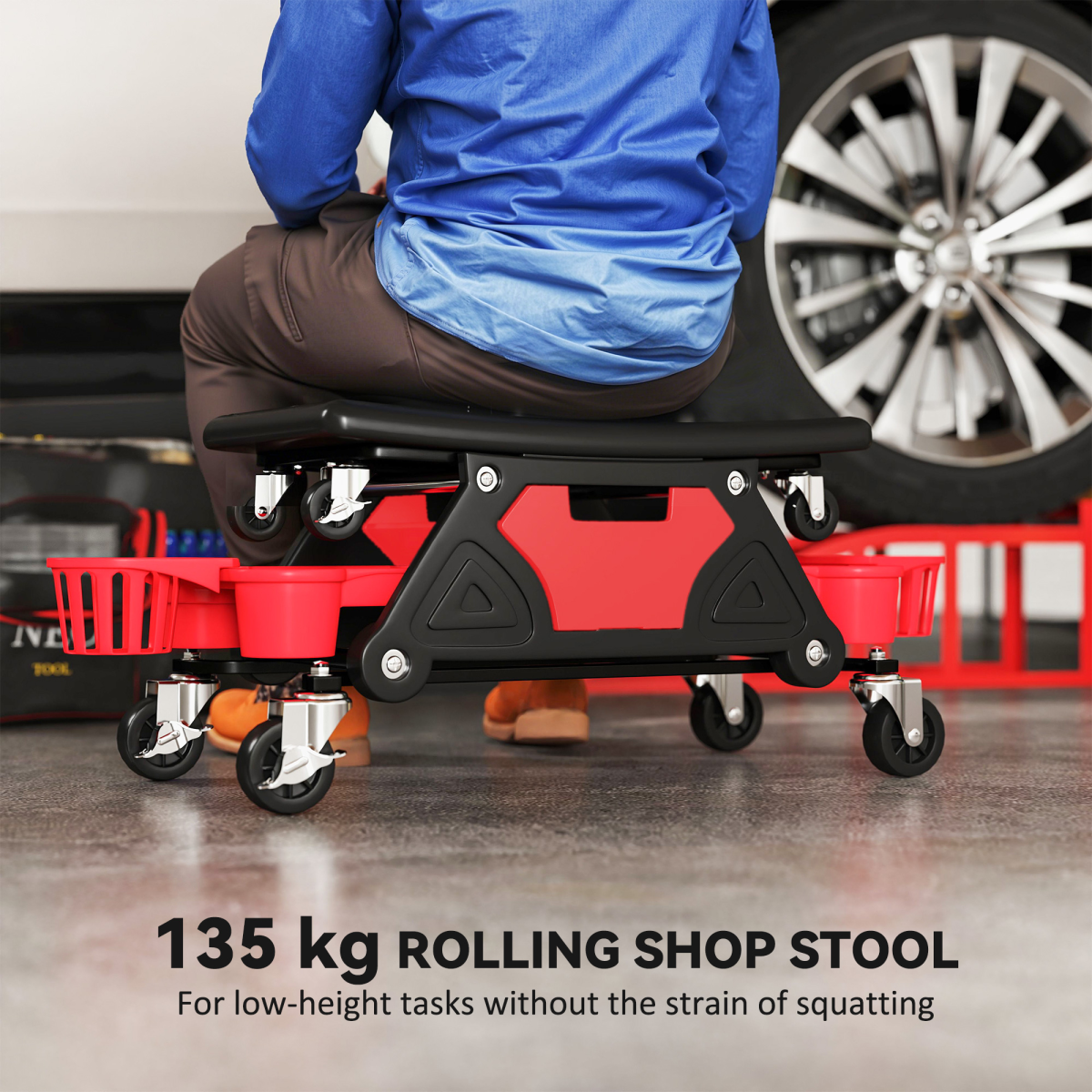 Heavy-Duty Rolling Mechanic Stool with Storage - 135kg, Red
