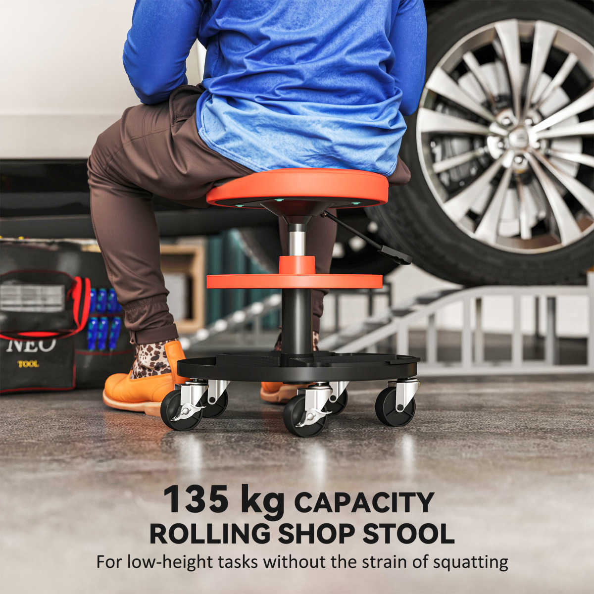 Yellow Rolling Mechanic Stool - 135kg Capacity & Pneumatic Height Adjust
