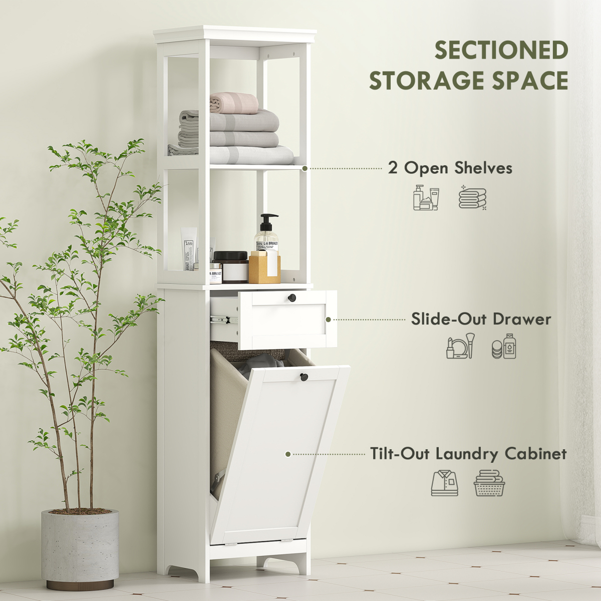 Slim Bathroom Storage: Stylish Unit with Tilt-Out Laundry Drawer