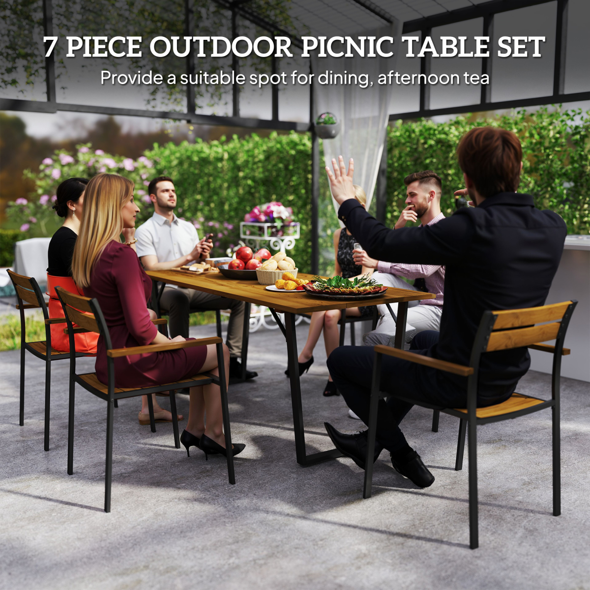 Chic 7-Piece Garden Dining Set: Table & 6 Stacking Chairs, Brown