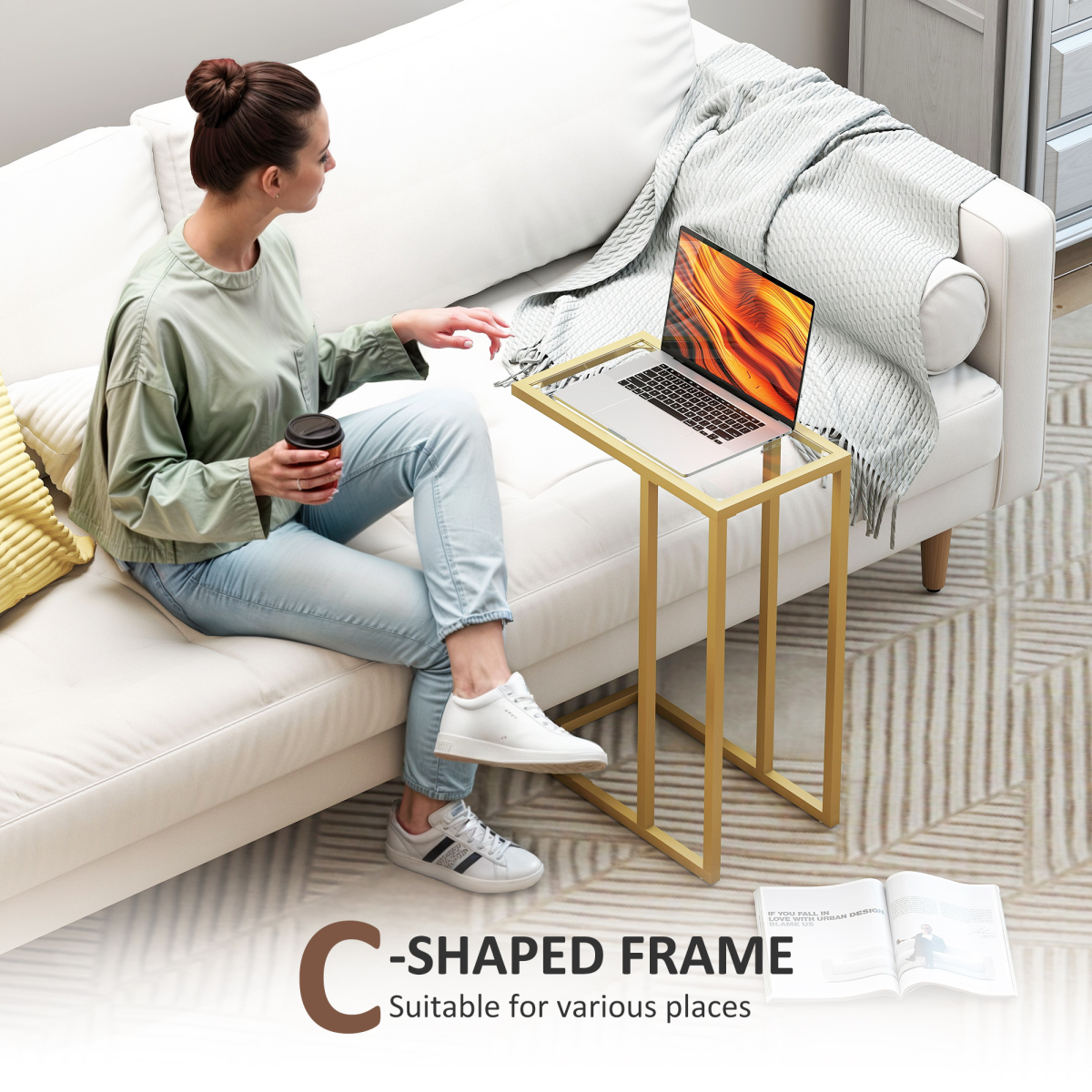 Elegant C-Shaped Glass Side Table - Stylish Gold Steel Frame
