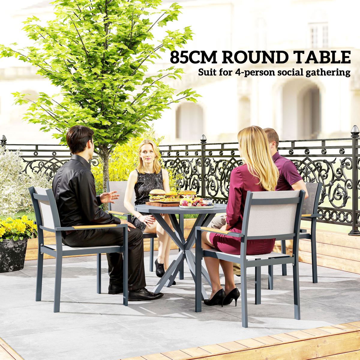Round Garden Dining Table - Stylish Steel Frame & Wood-Effect Top