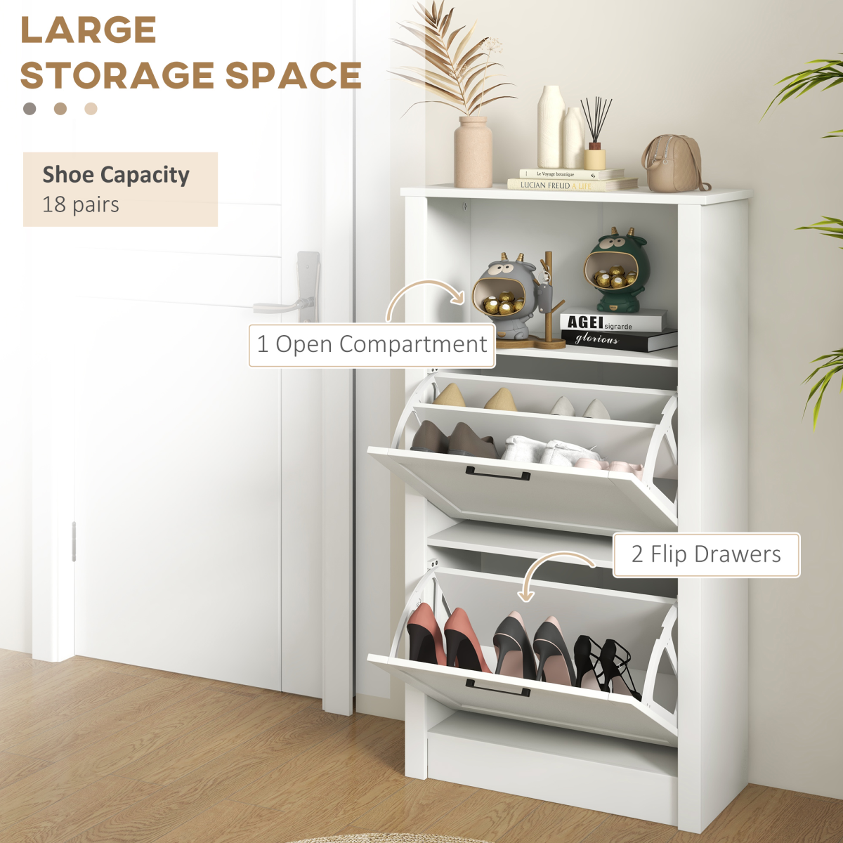 Slim White Shoe Cabinet - 2 Flip Drawers & Adjustable Shelves