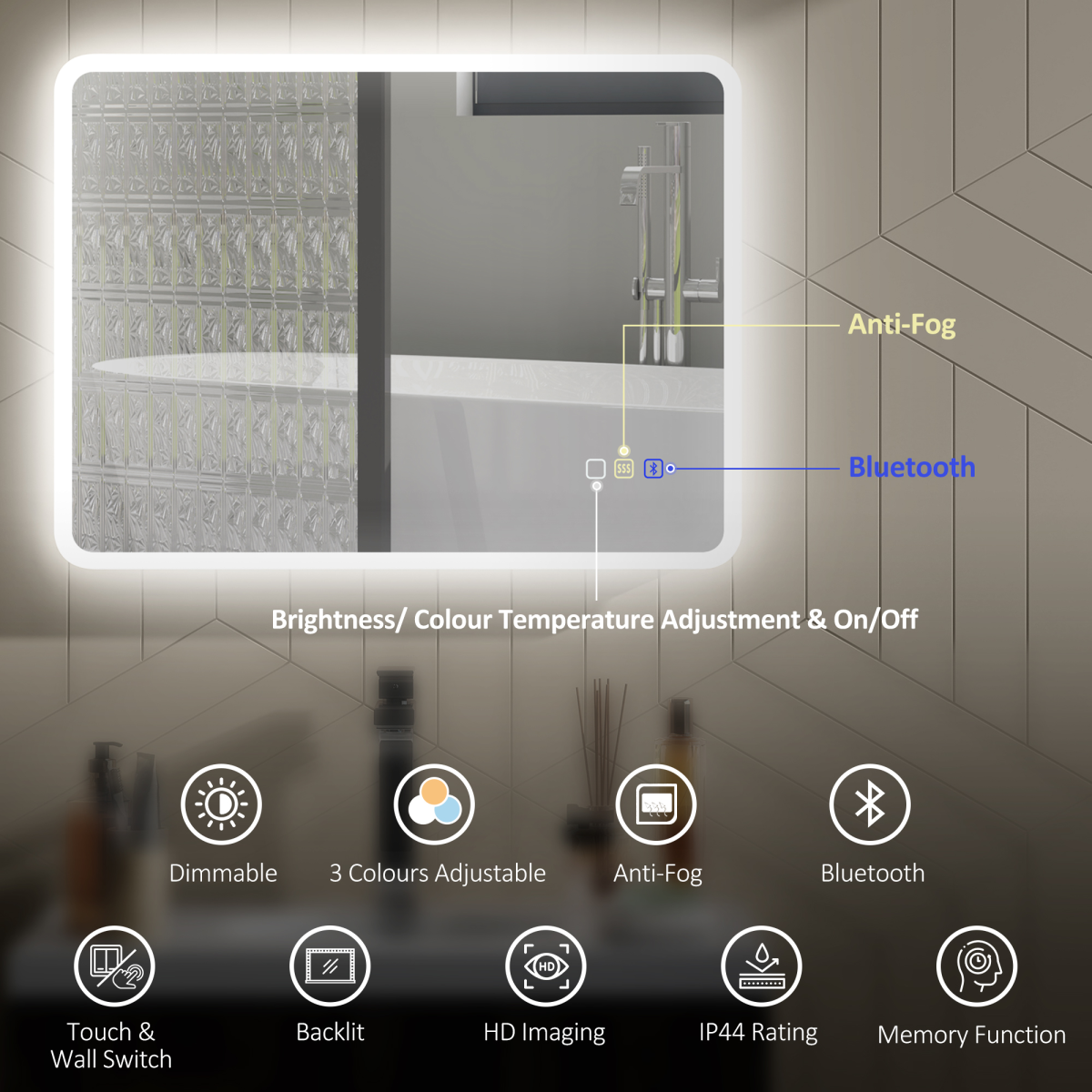 Smart LED Bluetooth Bathroom Mirror with Adjustable Brightness & Demist Pad