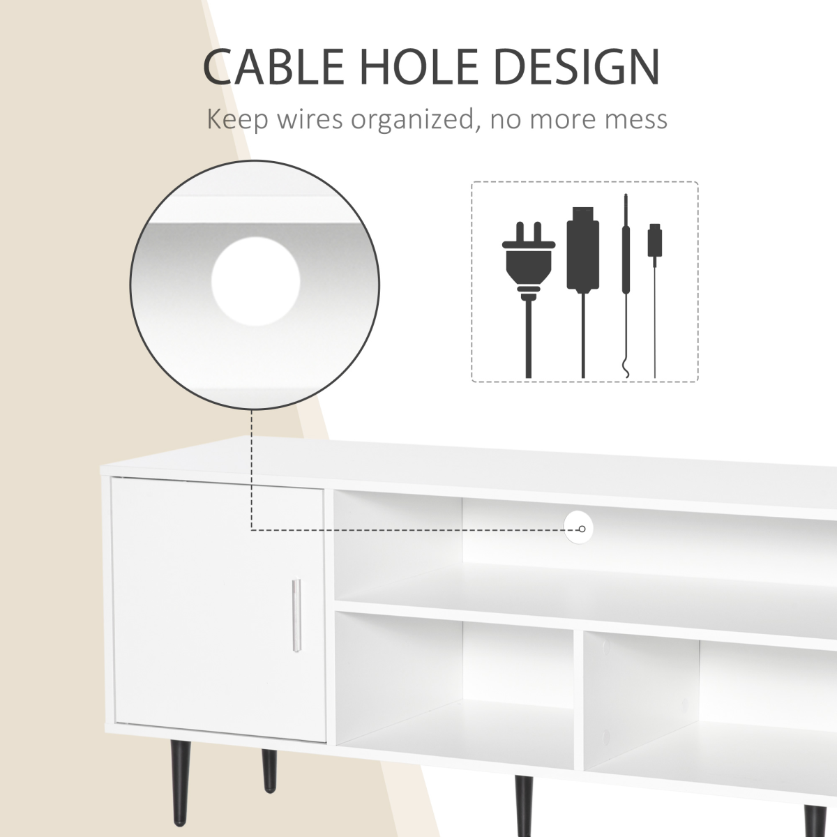 Sleek White TV Stand with Storage, Cable Management & Modern Design