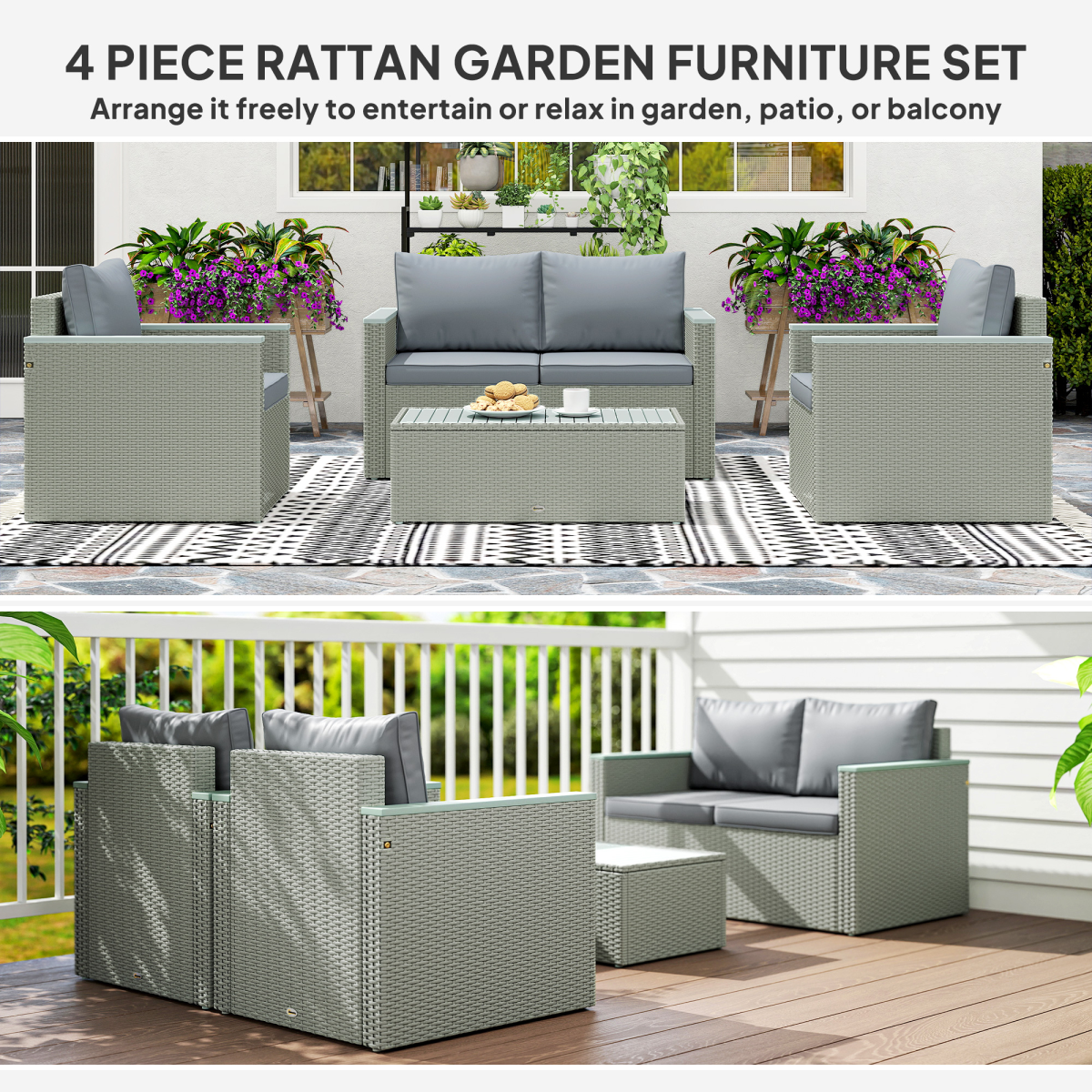 Chic 4-Piece Rattan Garden Set with Cushions - Light Grey Comfort!