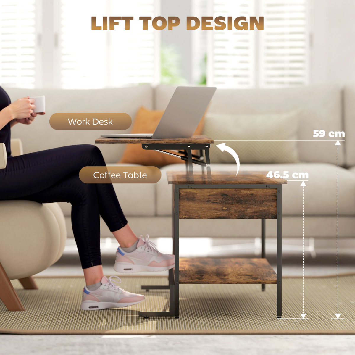 Versatile Rustic Lift Top Coffee Table with Ample Storage & Adjustable Feet