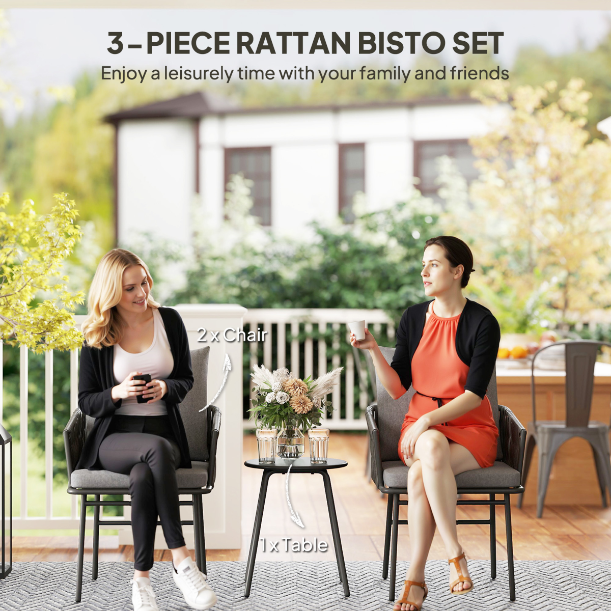 5-Piece Rattan Bistro Set - Stylish Outdoor Table & Cushions in Grey