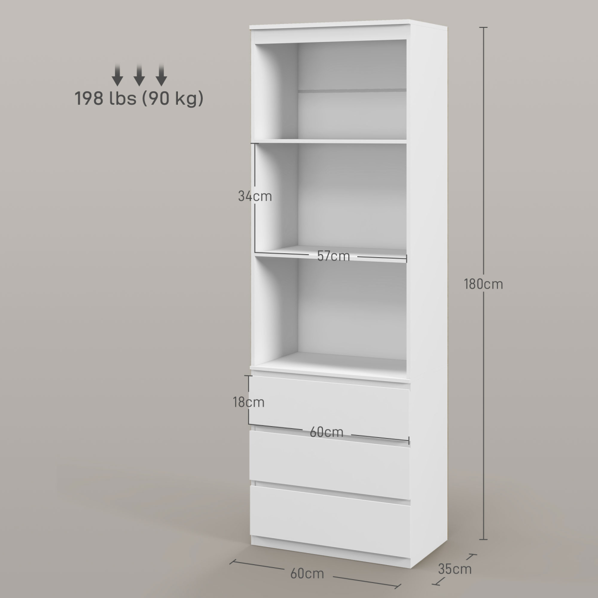 180cm Tall White Bookshelf with Hidden Drawer Storage - Space-Saving Style