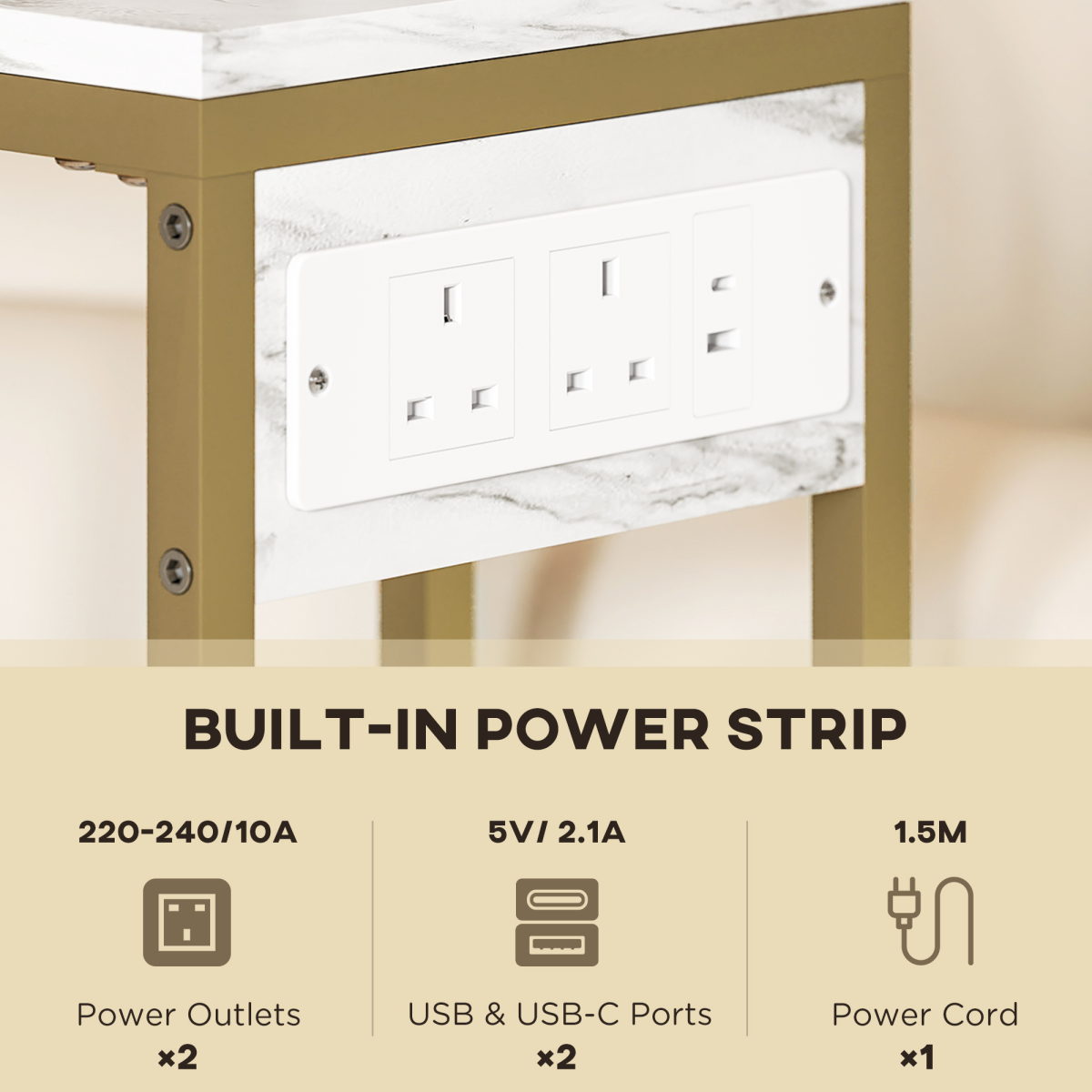 Modern C-Shaped Faux Marble Side Table with Charging Station & Chic Storage