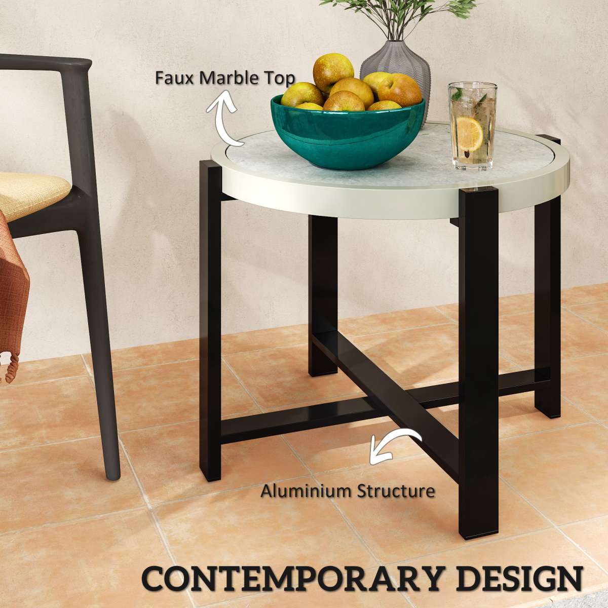 Chic Faux Marble Garden End Table - Modern Light Grey Design
