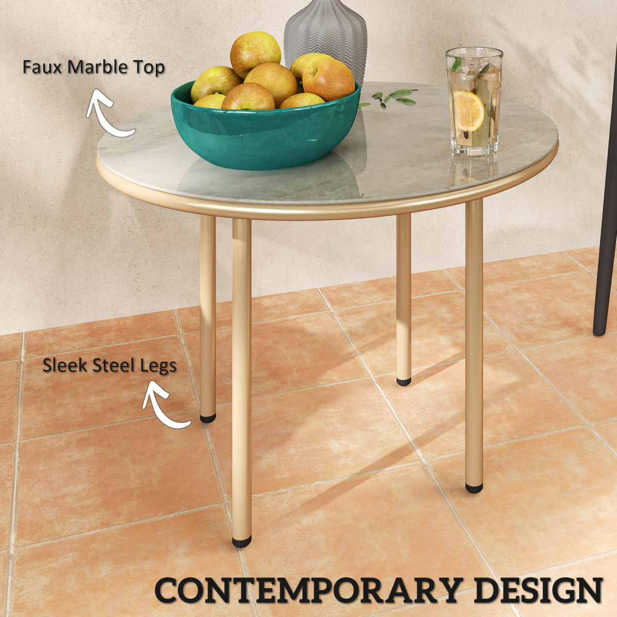 Chic Round Table with Elegant Faux Marble Glass Top - Beige