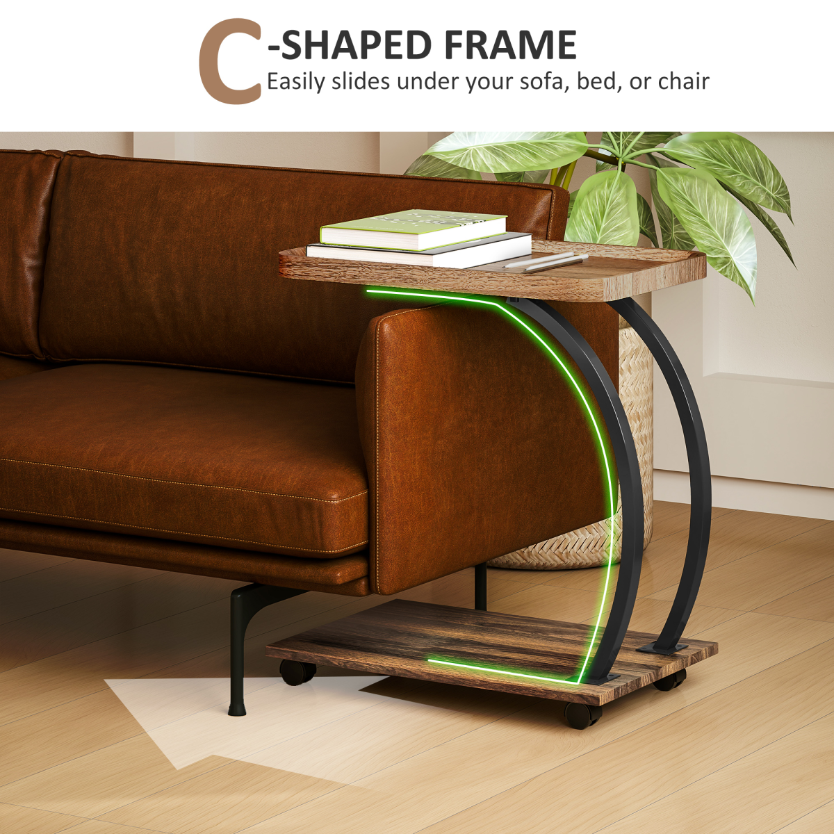 Versatile C-Shaped Side Table with Storage & Wheels for Any Room