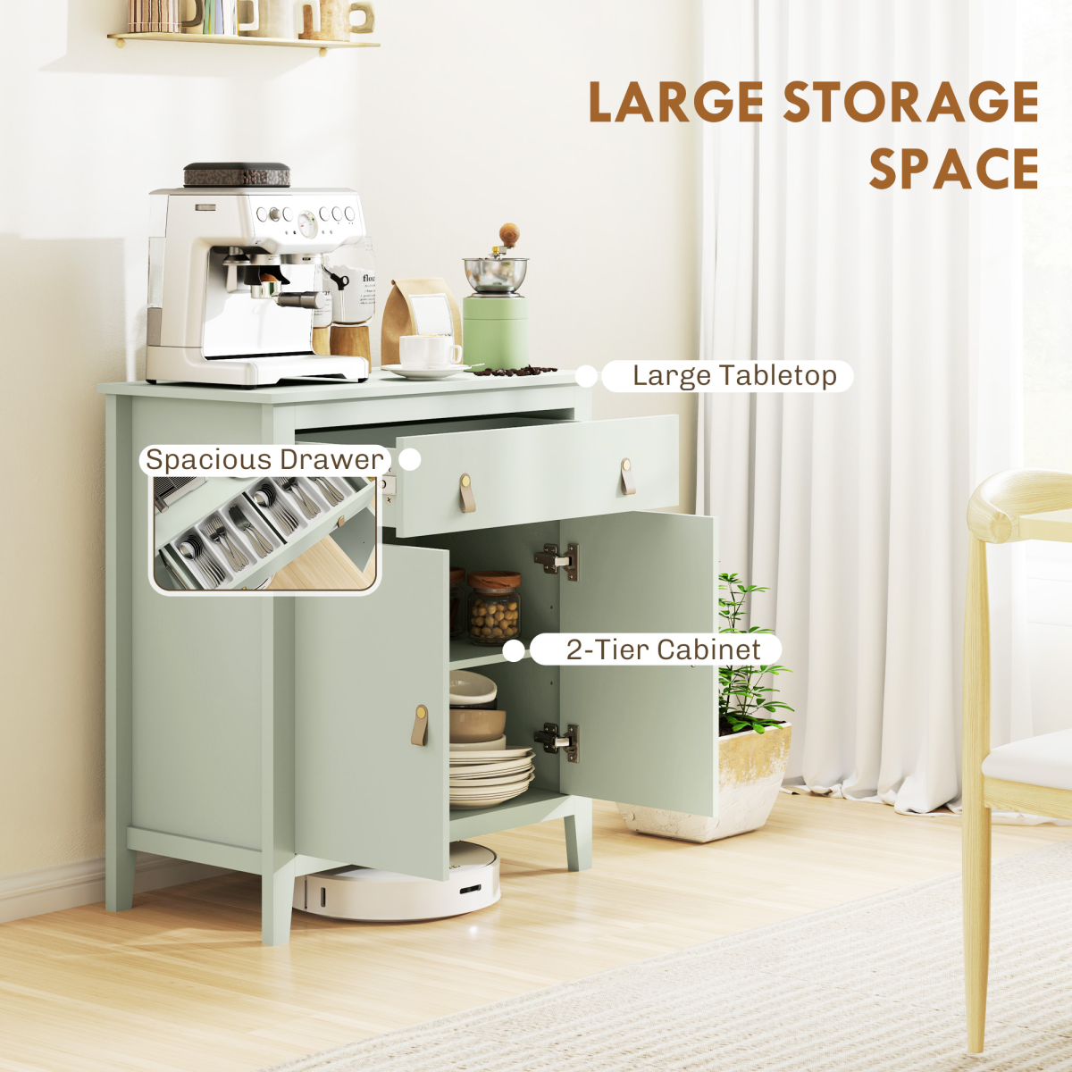 Chic Farmhouse Sideboard with Drawer and Adjustable Shelves - Light Green