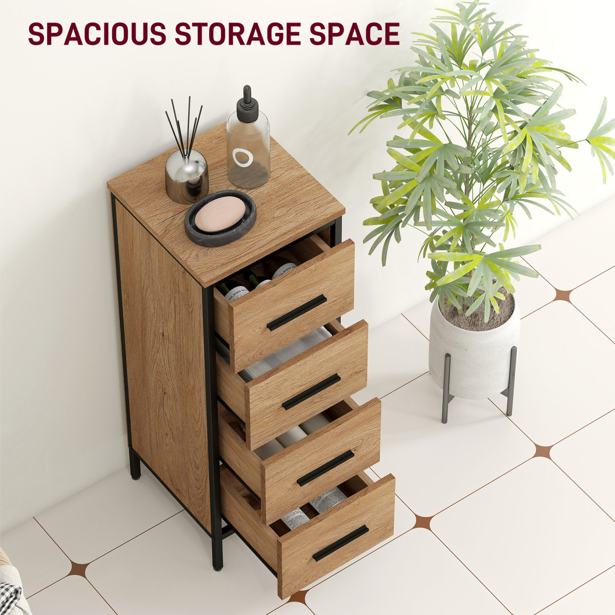 Slim Oak Bathroom Storage Cabinet with 4 Drawers – Space-Saving Solution!