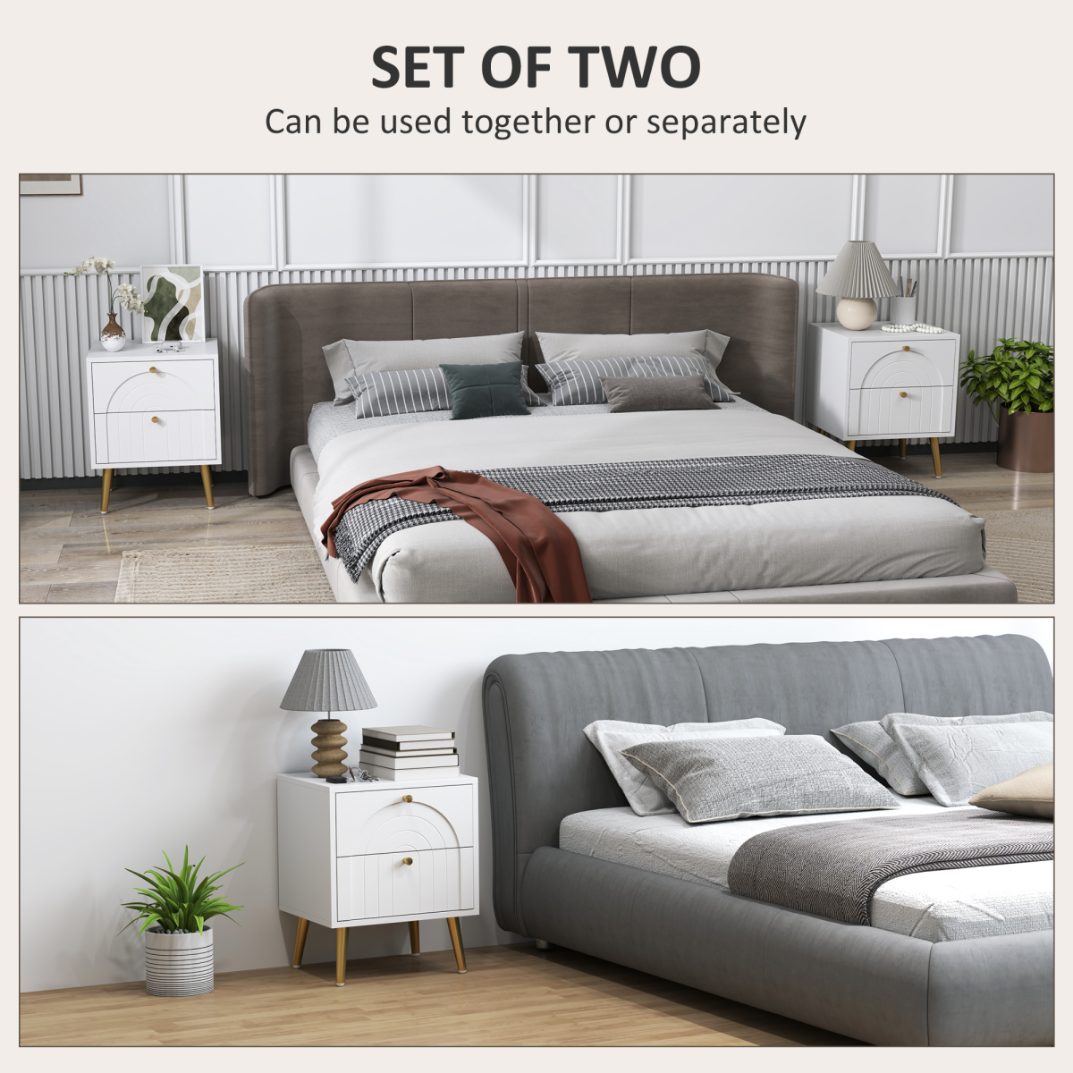 Elegant 2-Piece White Nightstand Set with 2 Drawers & Gold Accents