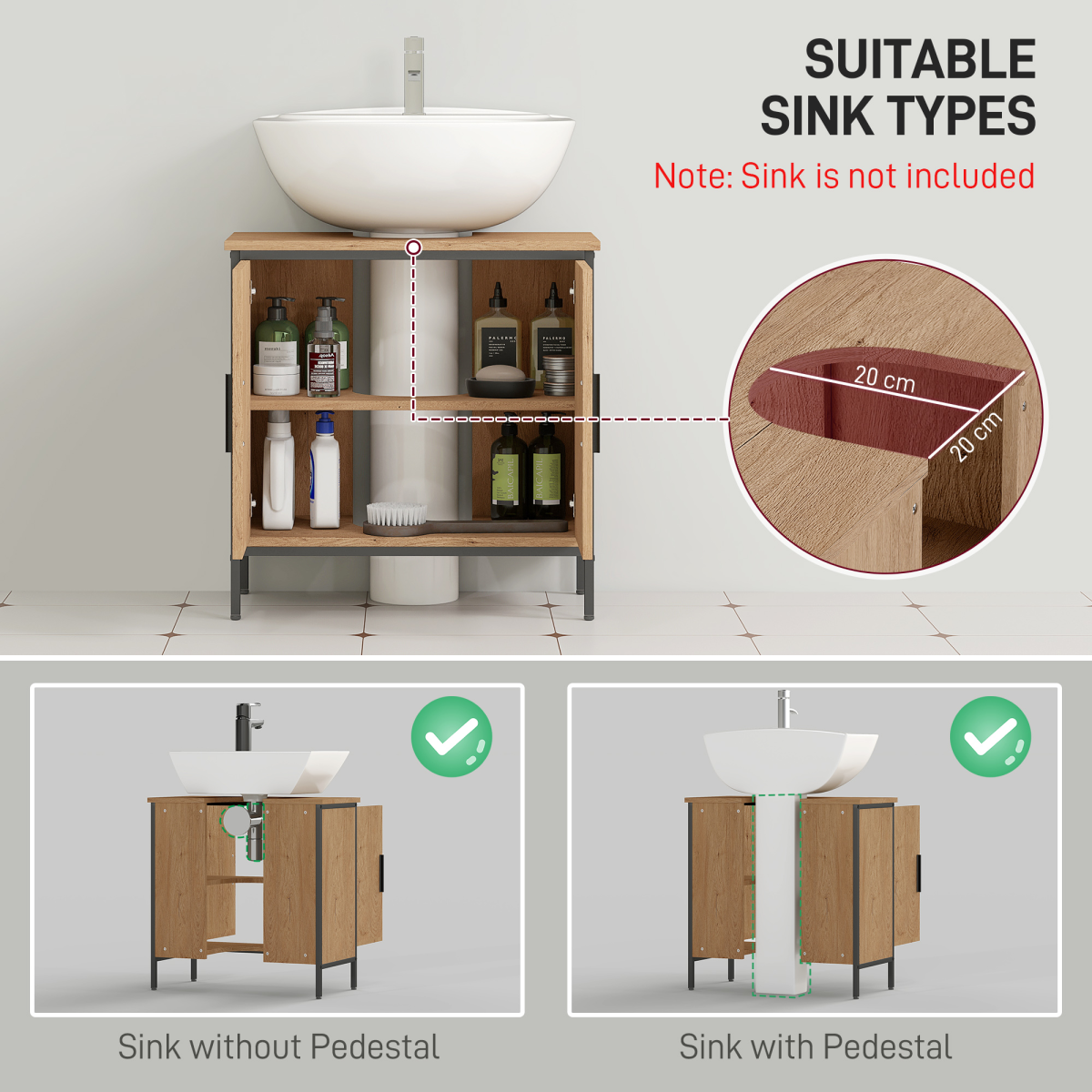 Chic Oak Under Sink Cabinet with Adjustable Shelf & Dual Doors