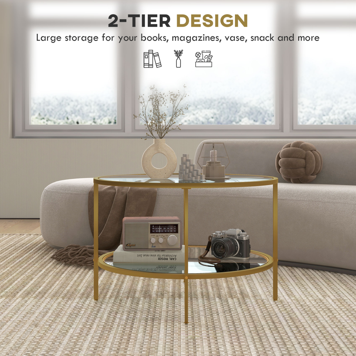Elegant Gold Round Coffee Table with Storage Shelf & Sleek Glass Top