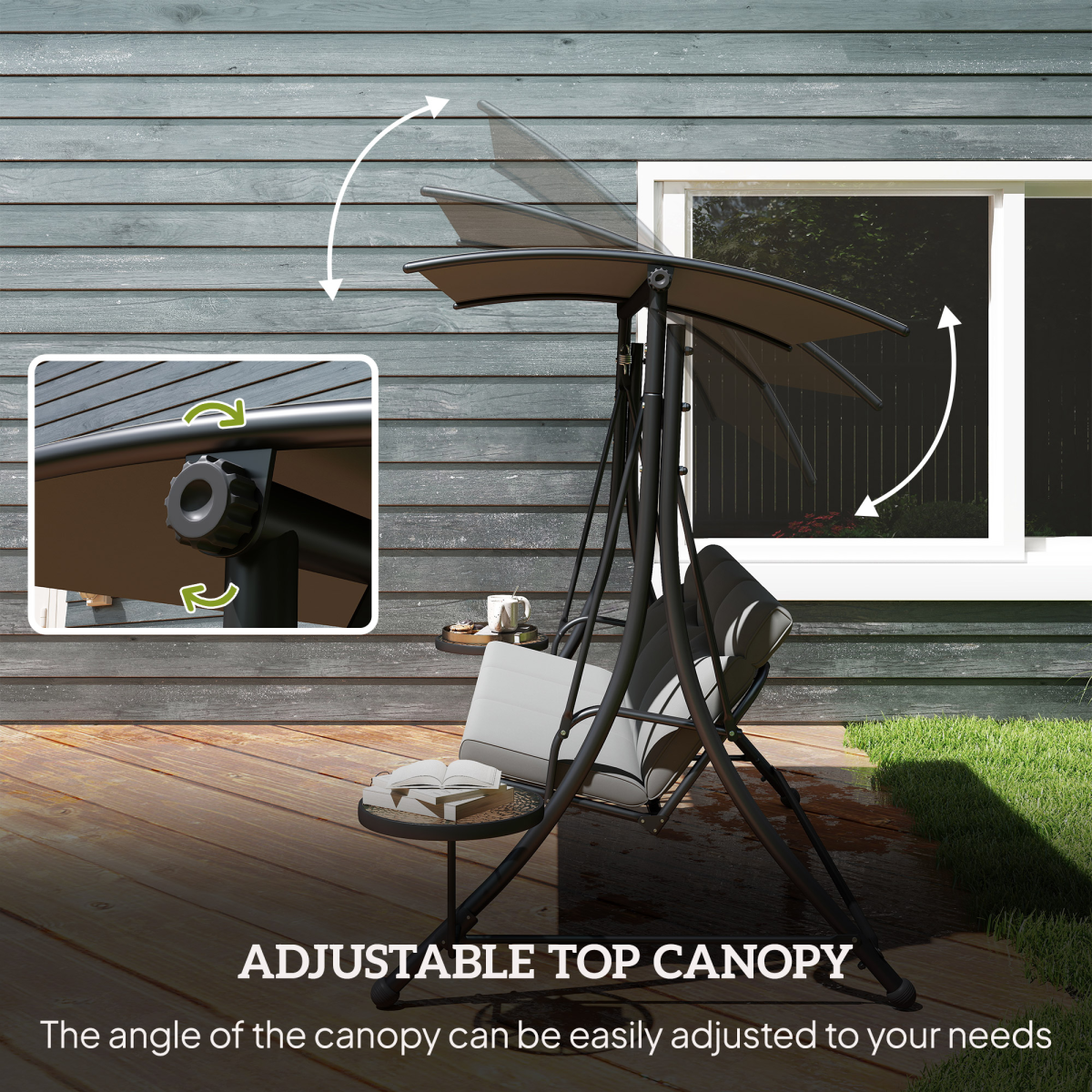 3-Seater Patio Swing Chair with Adjustable Canopy & Glass Tables