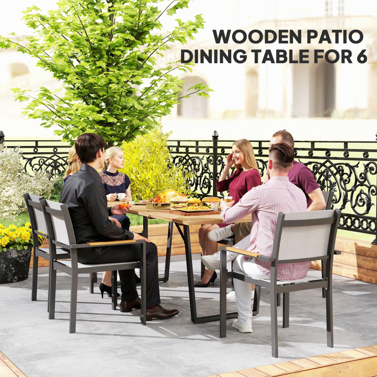 6-Person Wooden Garden Table with Parasol Hole for Outdoor Dining