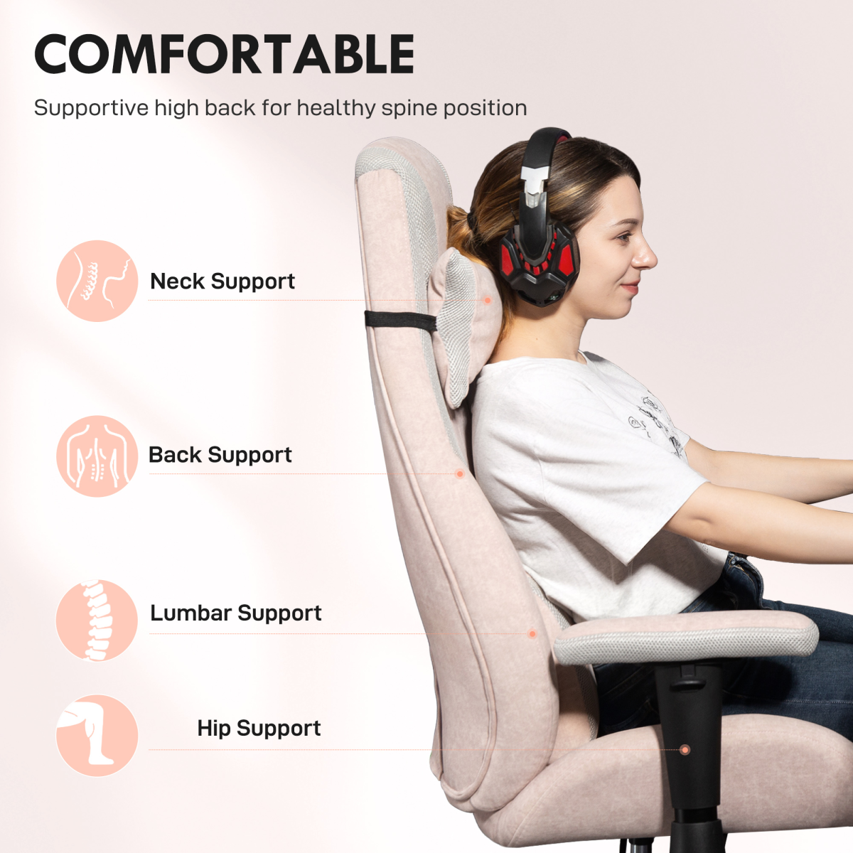 Curved Pink Gaming Chair with Lumbar Support & Swivel Wheels