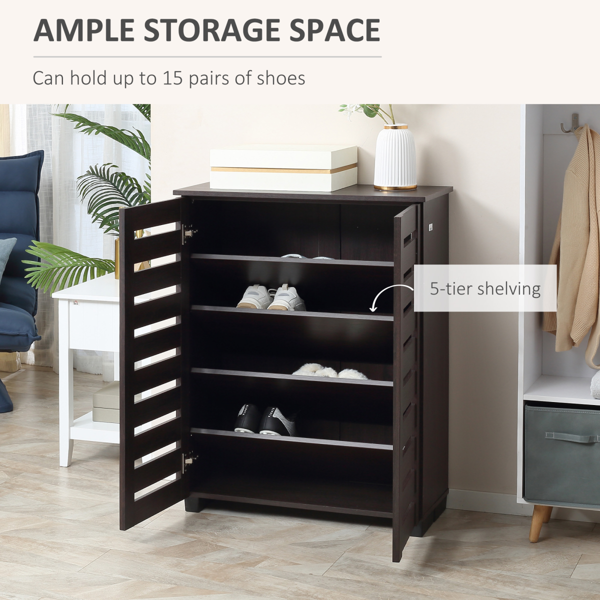 Elegant Shoe Cabinet - 15-Pair Capacity with Adjustable Shelves & Slatted Doors