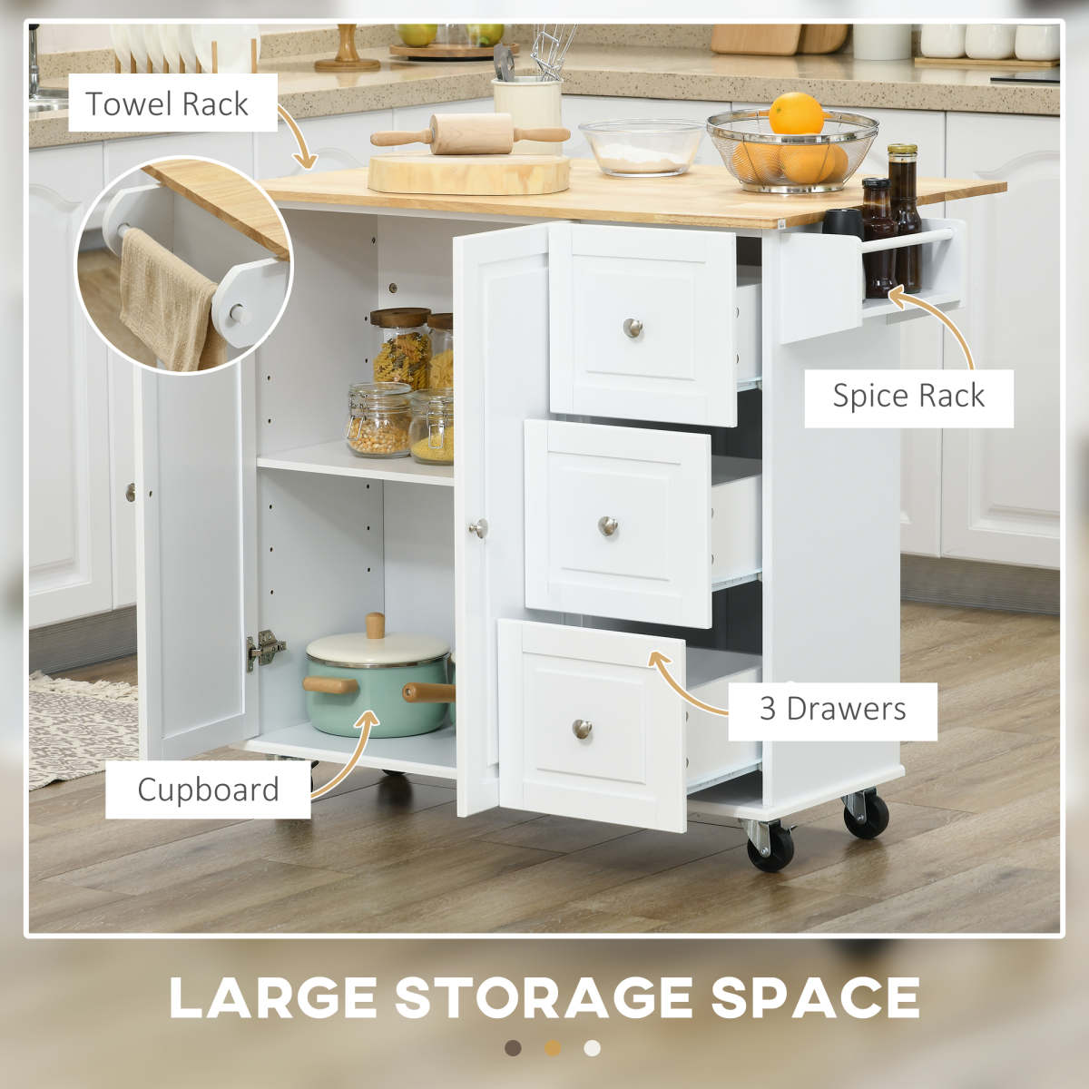 Versatile Rolling Kitchen Island Cart with Drop Leaf & Ample Storage