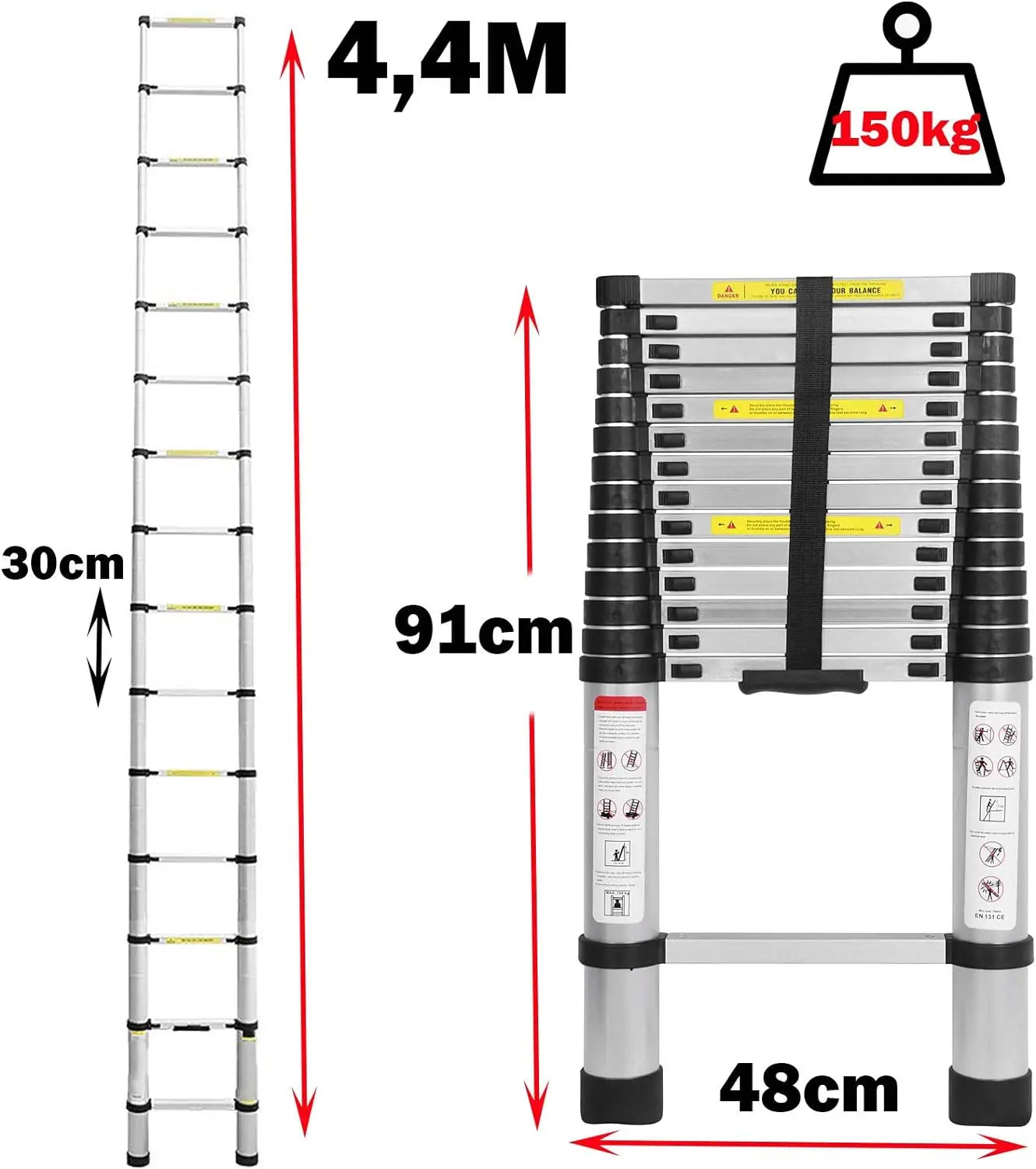 Telescopic Aluminium 2.6M-5M Folding Step Ladder,Multi-Purpose,Non-Slip,Extendible,Rungs,Lightweight,150Kg Load Capacity