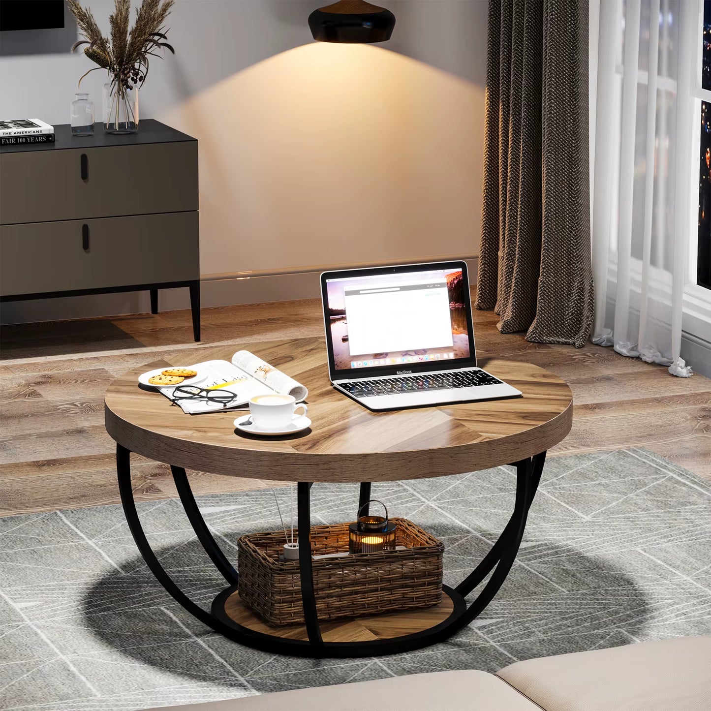 31.7" round Coffee Table, Industrial 2-Tier Circle Coffee Table with Storage Shelves, Modern Wooden Sofa Side Table