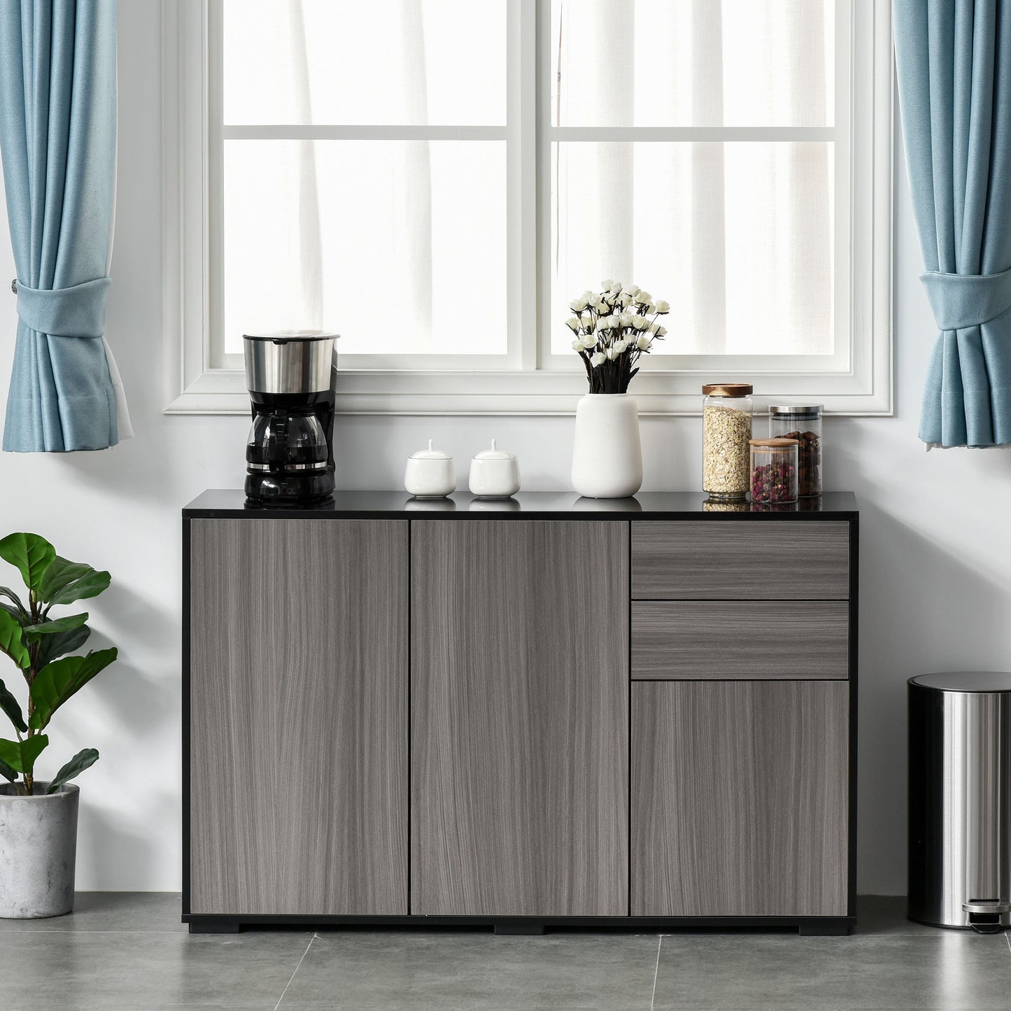 Elegant Dual-Finish Side Cabinet: 2 Doors + 2 Drawers for Stylish Organization