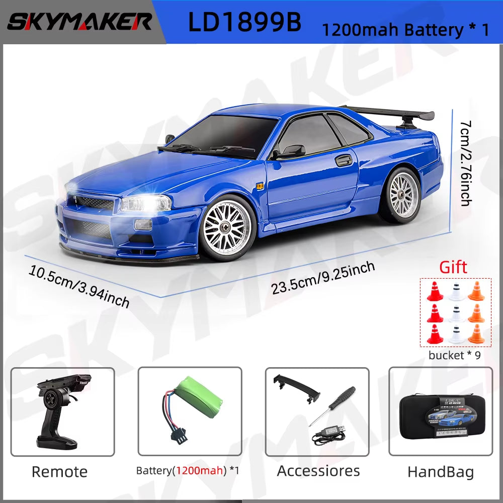 LD1899 1/18 Scale GTR R34 RC Drifting Car - High-Speed Alloy Body with Gyroscope & 2.4GHz RWD Remote Control Racing Vehicle
