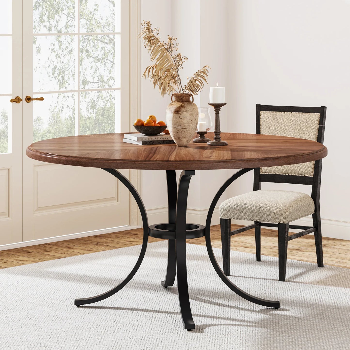 47" round Dining Table for 4 People, Farmhouse Kitchen Table with Wooden Texture Surface & Pedestal Base, round Table