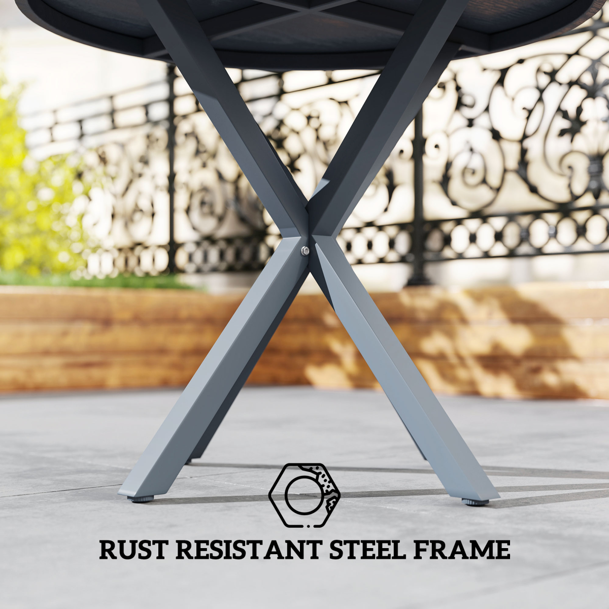 Round Garden Dining Table - Stylish Steel Frame & Wood-Effect Top