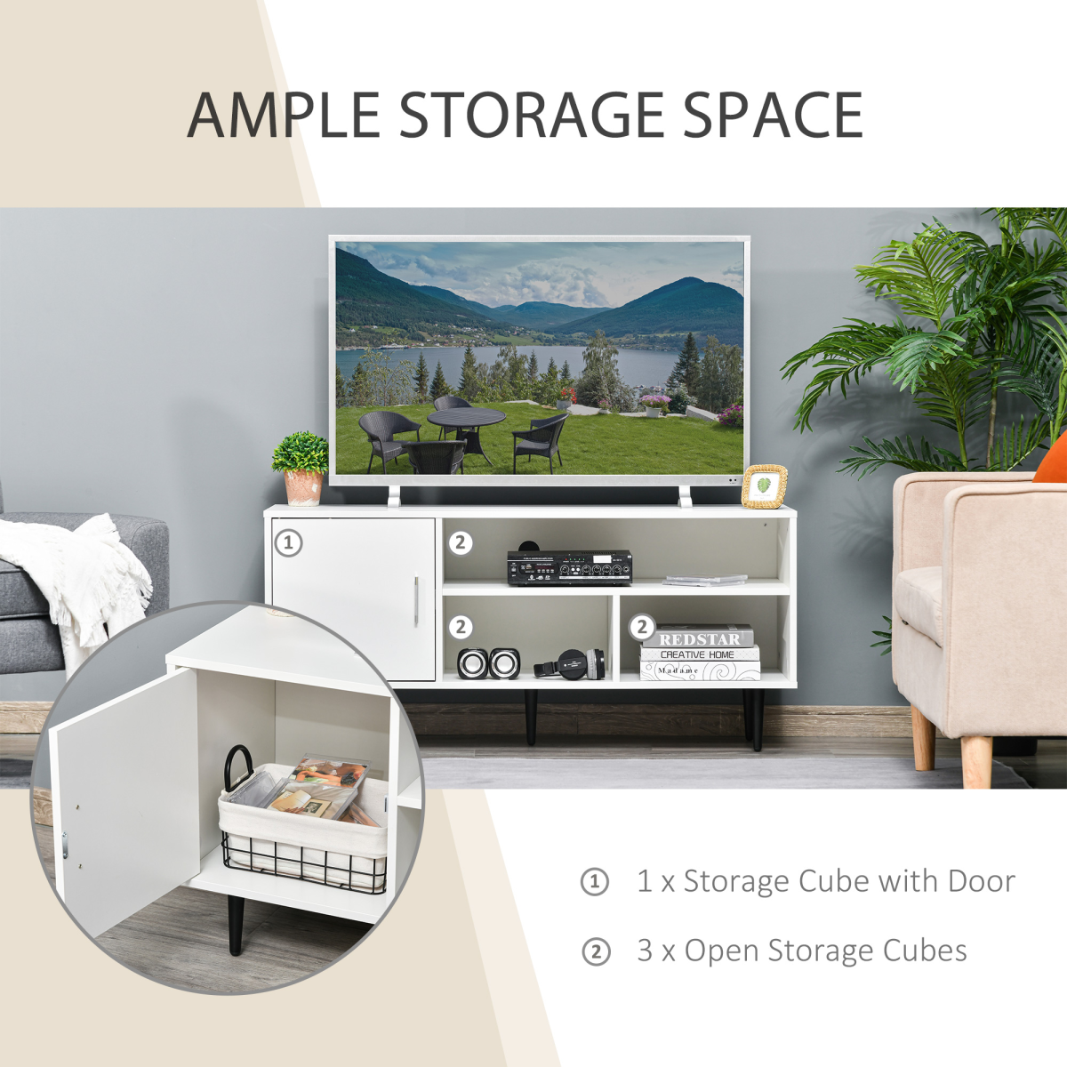 Sleek White TV Stand with Storage, Cable Management & Modern Design