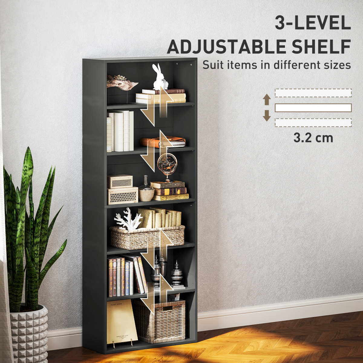 Modern 6-Tier Adjustable Bookshelf - Stylish Freestanding Bookcase, Black