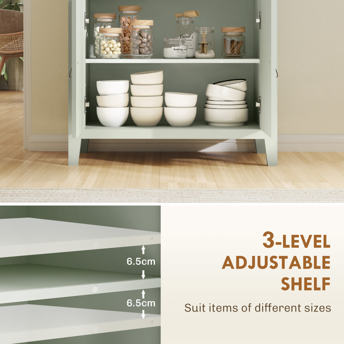Chic Farmhouse Sideboard with Drawer and Adjustable Shelves - Light Green