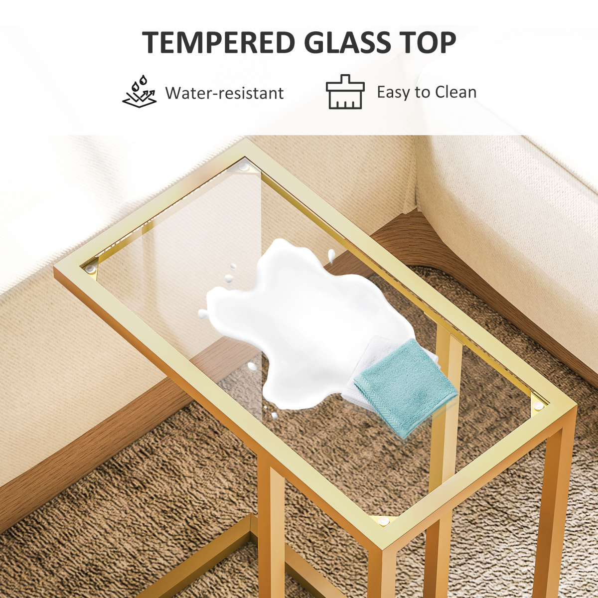 Elegant C-Shaped Glass Side Table - Stylish Gold Steel Frame