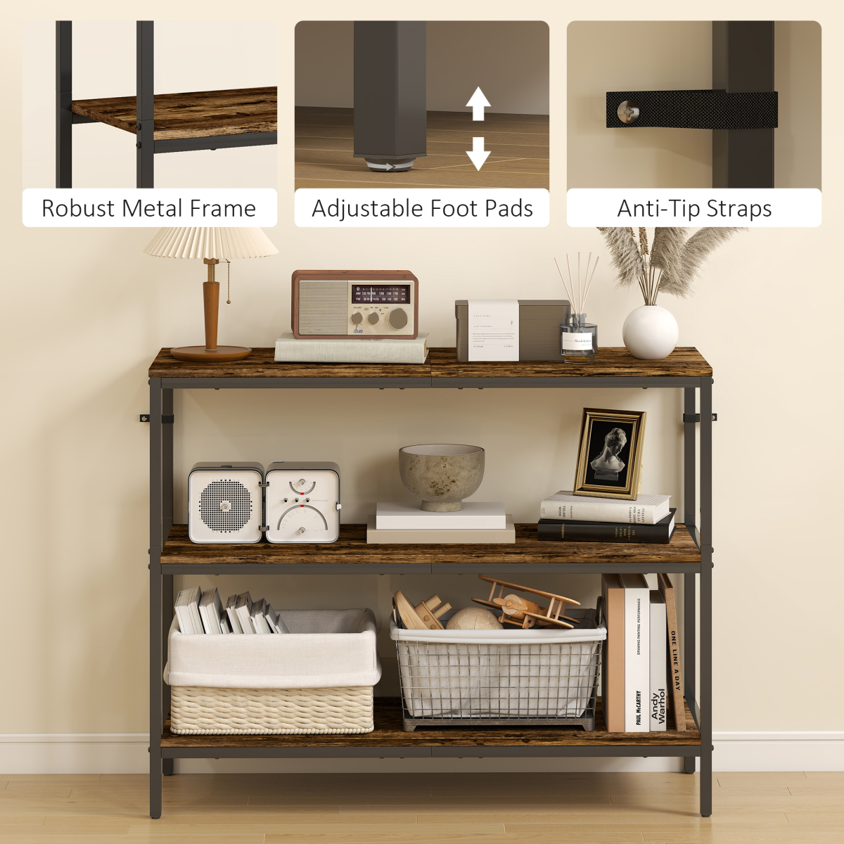 Rustic Industrial 3-Tier Console Table - Stylish Storage Solution