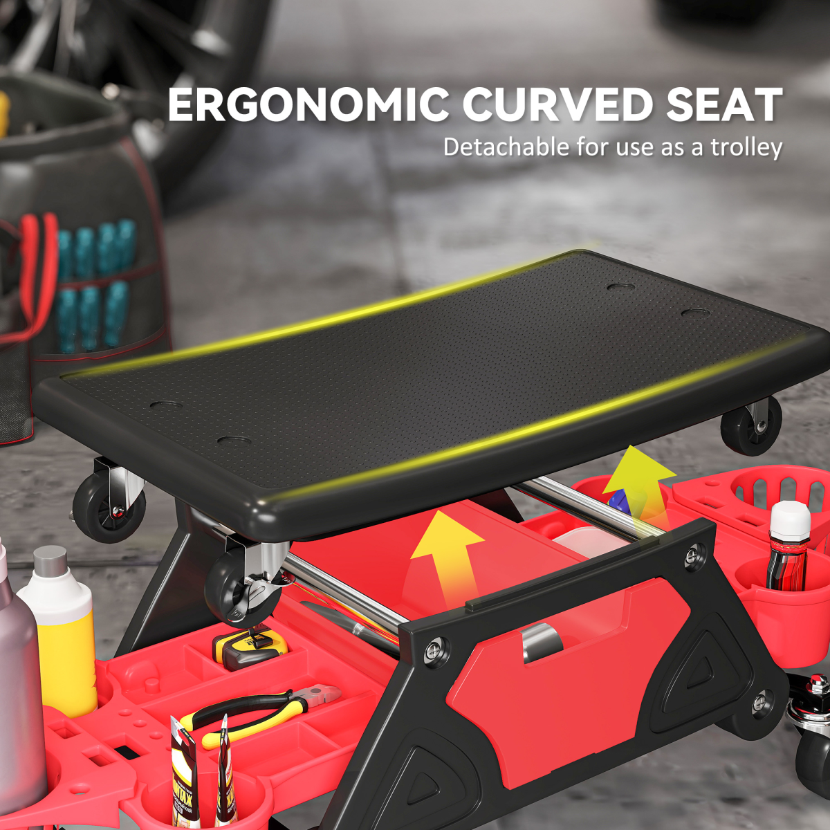 Heavy-Duty Rolling Mechanic Stool with Storage - 135kg, Red