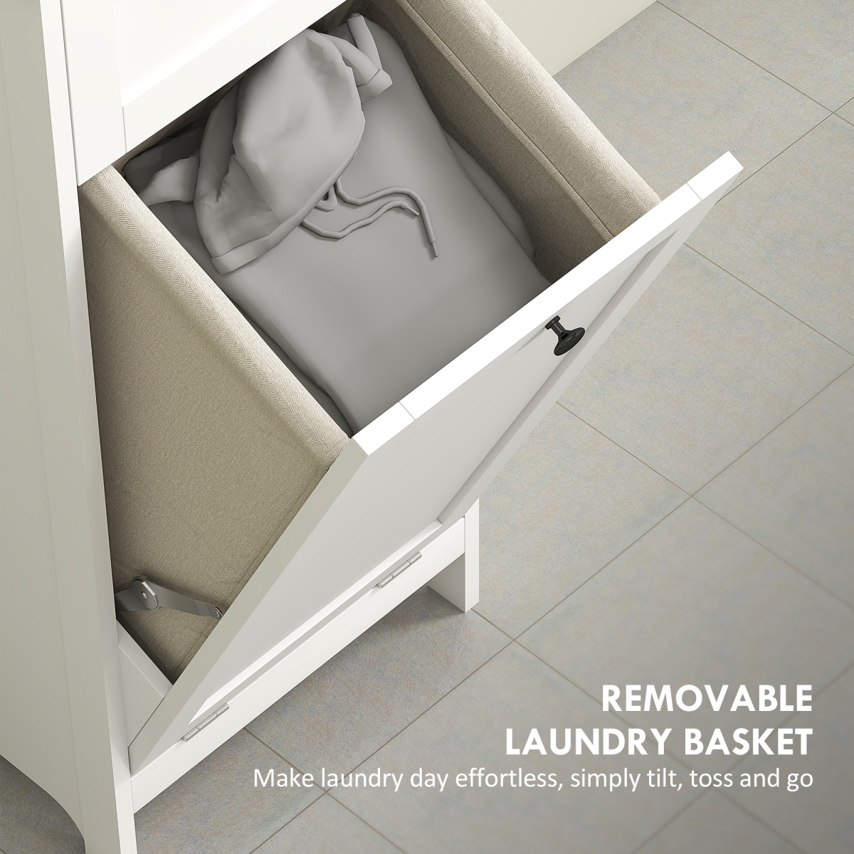 Slim Bathroom Storage: Stylish Unit with Tilt-Out Laundry Drawer