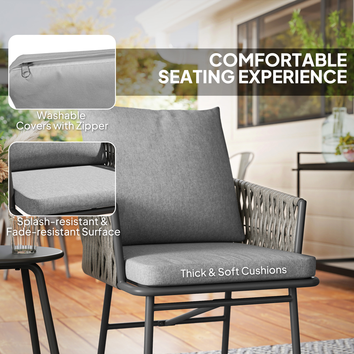 5-Piece Rattan Bistro Set - Stylish Outdoor Table & Cushions in Grey