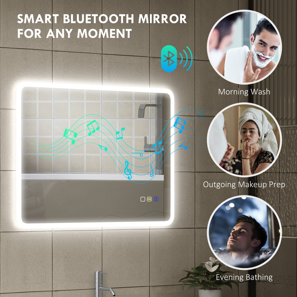 Smart LED Bluetooth Bathroom Mirror with Adjustable Brightness & Demist Pad