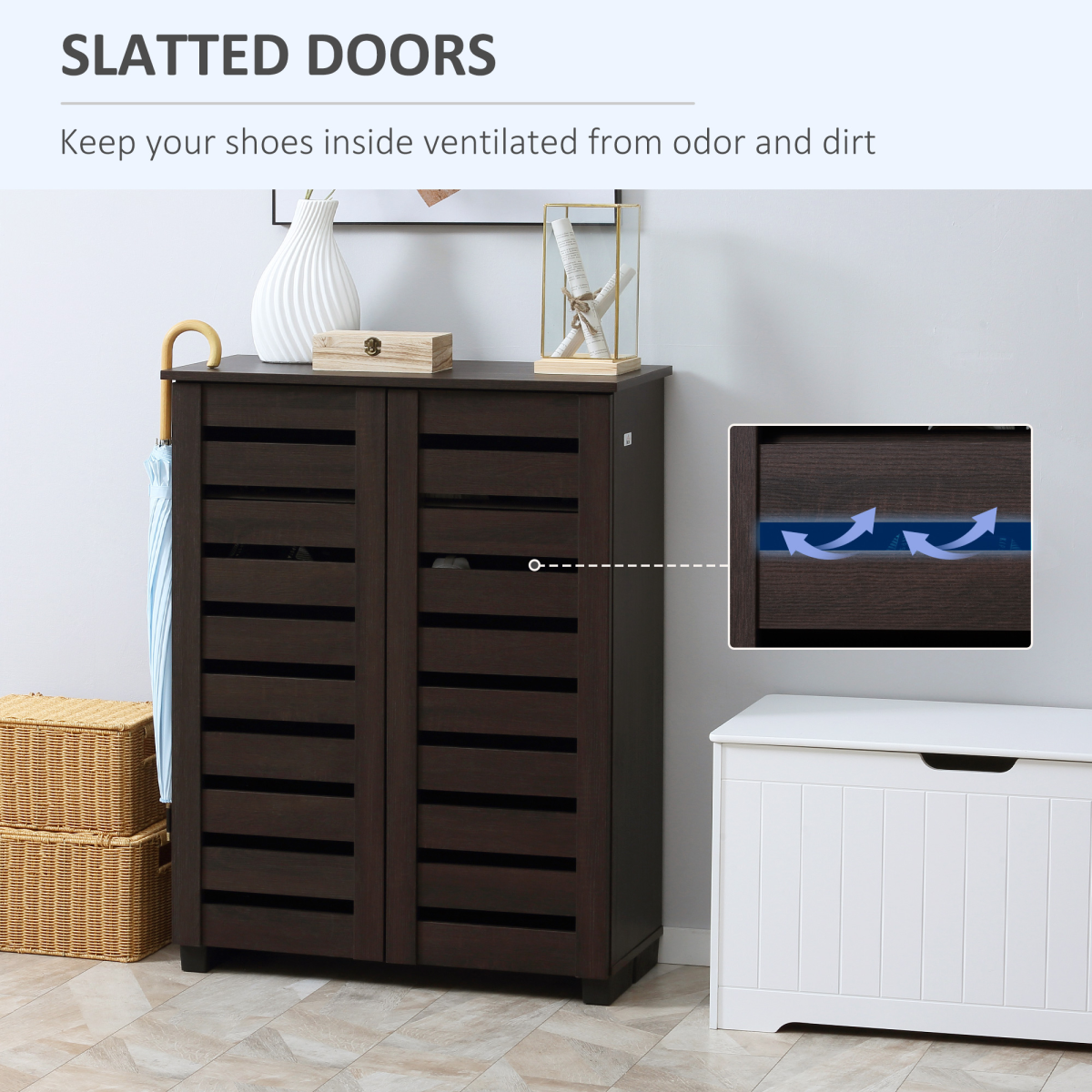 Elegant Shoe Cabinet - 15-Pair Capacity with Adjustable Shelves & Slatted Doors