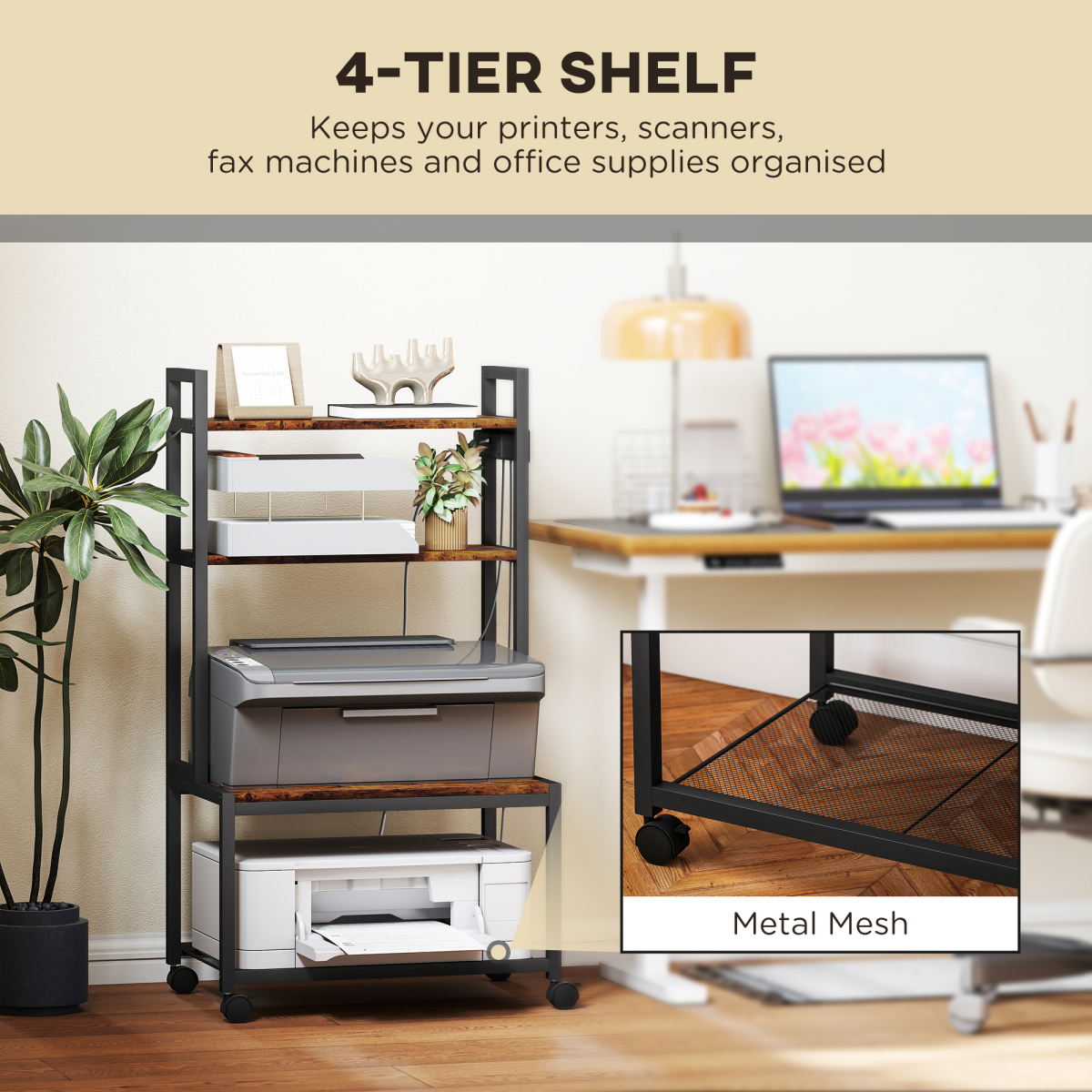 4-Tier Mobile Printer Stand with Outlets & Casters for Home Office