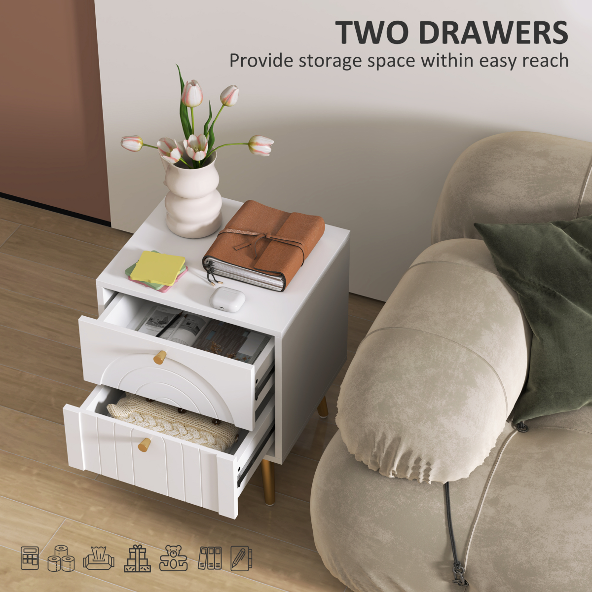 Elegant 2-Piece White Nightstand Set with 2 Drawers & Gold Accents